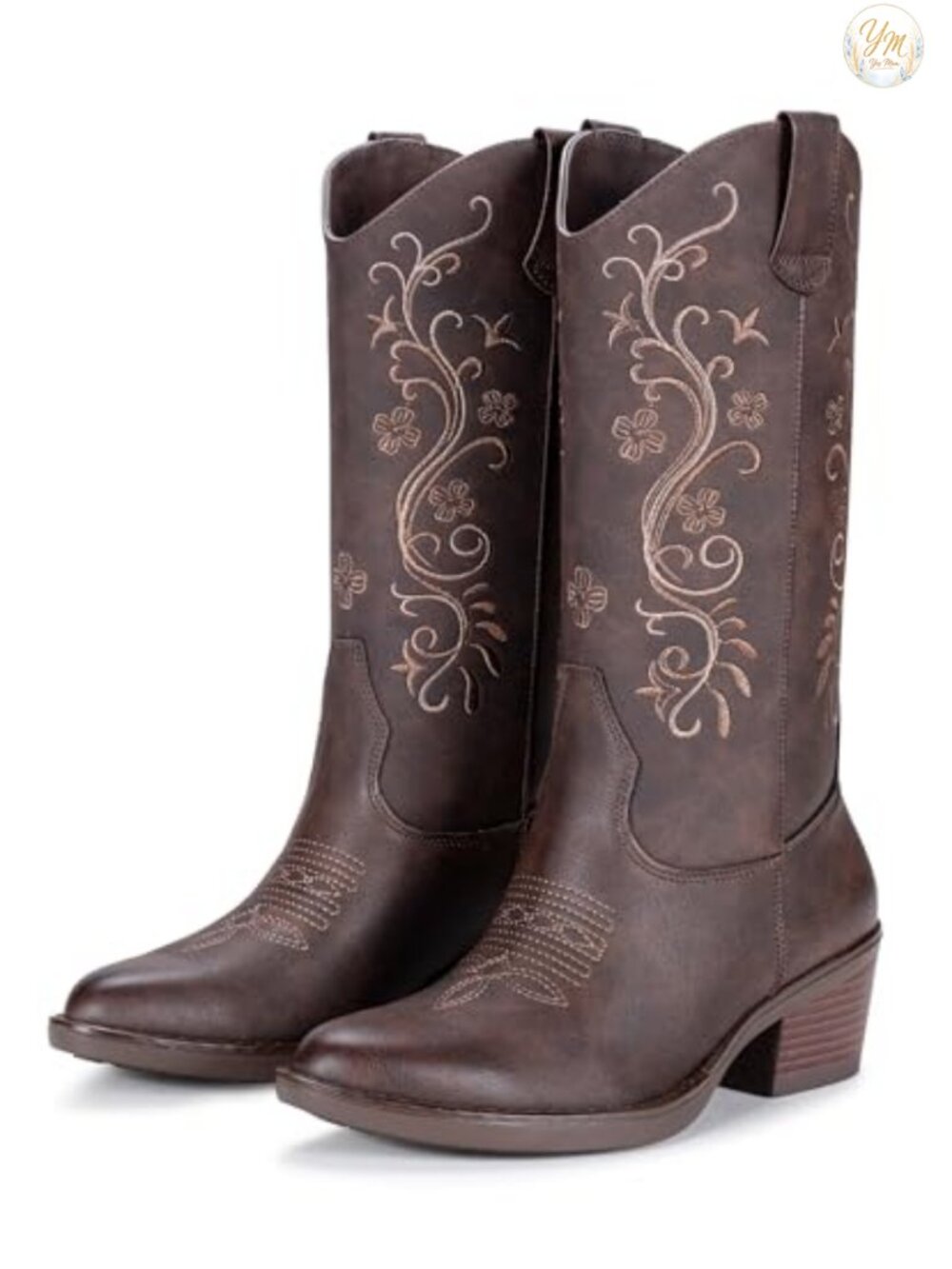 Embroidered Faux Leather Cowgirl Boots, Pointed Toe Mid Calf Pull-On